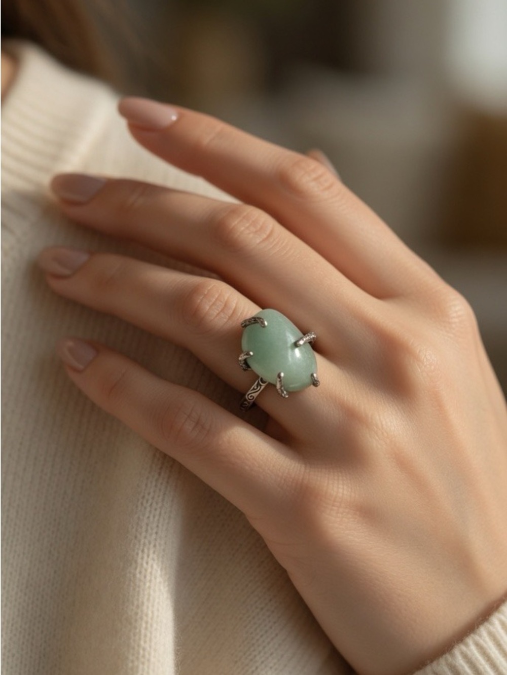 Raw Green Aventurine 925 Sterling Silver Adjustable Ring Boho Hippie